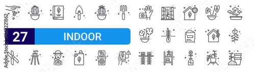 set of 27 thin line indoor planting icons such as seed, scissors, cactus, plant, book, gardener, shovel, treatment, cactus. editable stroke vector illustration isolated on white
