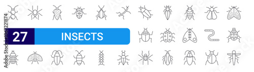set of 27 thin line insects icons such as ant, animals, spider, butterfly, cockroach, cockroach, insect, cicada, roach. editable stroke vector illustration isolated on white