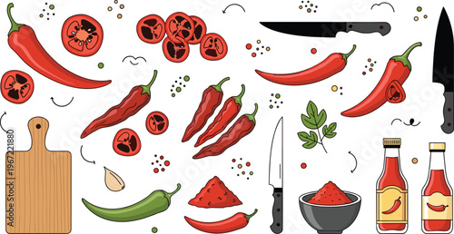 Chili pepper cooking ingredients set with fresh sliced peppers sauces spices kitchen tools and spicy food preparation illustration