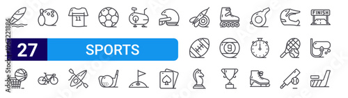 set of 27 thin line sports icons such as surfing board, basket ball, bowling, bicycle, jersey, canoe, football, golf, stationary bike. editable stroke vector illustration isolated on white