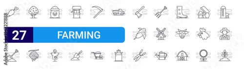 set of 27 thin line farming icons such as carrot, shovel, tree, honey, fertilizer, scarecrow, water well, trowel, sickle. editable stroke vector illustration isolated on white