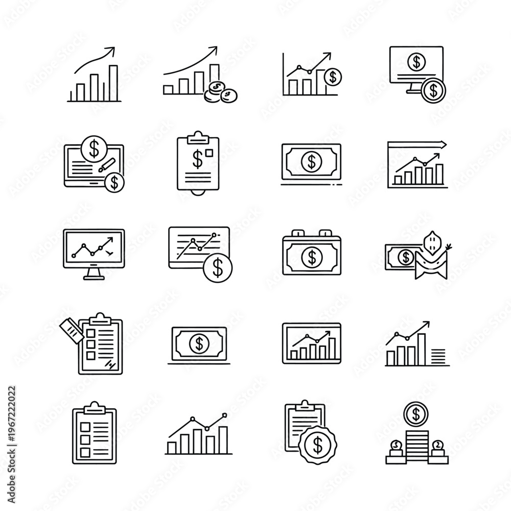 Fototapeta premium Set of outline icons representing finance, investment, economic growth, business analytics, and money management concepts.