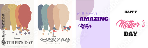 Set of four elegant happy mother's day cards featuring colorful silhouettes and stylish fonts, Vector