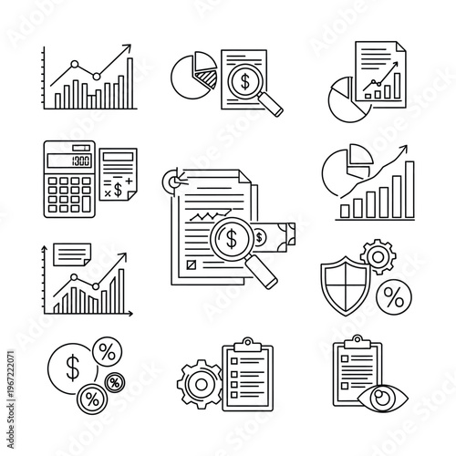 Collection of line art icons representing financial analysis, business accounting, data visualization, and auditing processes.