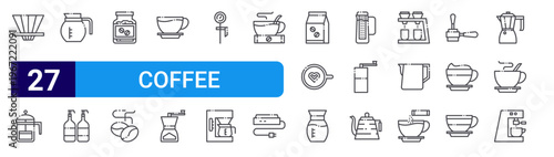 set of 27 thin line coffee icons such as drip glass, french press, coffee pot, syrup, instant coffee, bean, americano, grinder, thermometer. editable stroke vector illustration isolated on white
