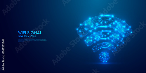 Abstract glowing WiFi signal with blue particles, wireless internet connection concept and futuristic digital background