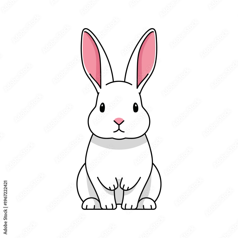 Fototapeta premium Cartoon white rabbit with pink ears sitting upright isolated on white