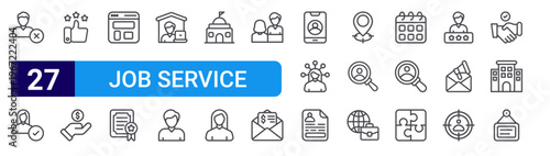 set of 27 thin line job service icons such as rejected, selected, review, salary, portfolio, certificate, work from home, employee, government. editable stroke vector illustration isolated on white