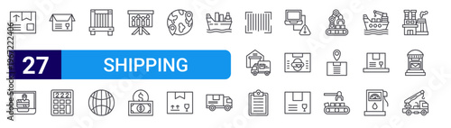 set of 27 thin line shipping icons such as parcel, tracking, open box, calculator, wooden box, globe, planning, funds, worldwide. editable stroke vector illustration isolated on white