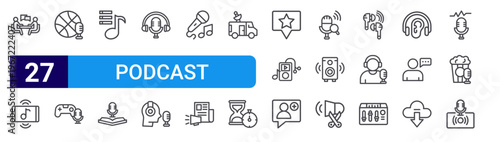 set of 27 thin line podcast icons such as discussion, streaming, sport, game, list music, education, podcast, podcaster, microphone. editable stroke vector illustration isolated on white