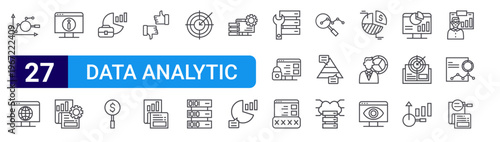 set of 27 thin line data analytic icons such as predictive analysis, data network, information, quantitative, business analysis, efficiency, choice, result, goal. editable stroke vector illustration