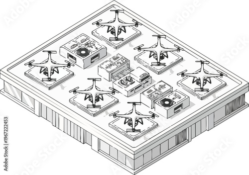 Isometric Line Art Illustration of an Autonomous Drone Delivery Station on a Building Roof, Future Logistics Hub and Smart City Technology Concept