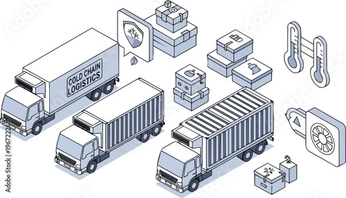 Isometric Cold Chain Logistics Illustration with Refrigerated Trucks, Temperature Controlled Shipping Boxes, and Storage Icons