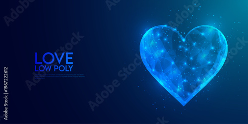 Abstract glowing heart symbol with blue particles, love concept design and futuristic digital romantic background