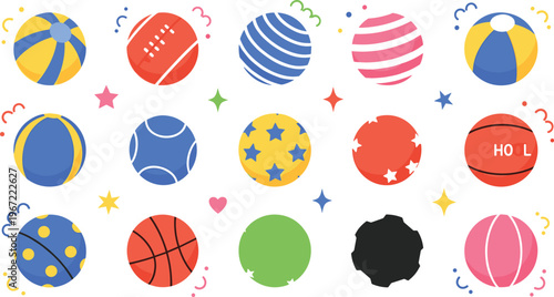 Colorful sports balls collection with beach ball basketball football volleyball playful patterns and kids activity illustration set