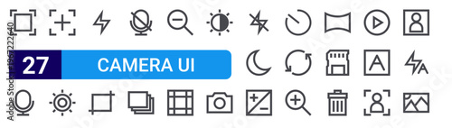 set of 27 thin line camera ui icons such as auto focus, mic, auto, brightening, flash, crop, mic, burst, zoom out. editable stroke vector illustration isolated on white