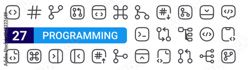 set of 27 thin line programming icons such as scroll, code, hashtag, command, hierarchy, sidebar, hierarchy, sidebar, code. editable stroke vector illustration isolated on white