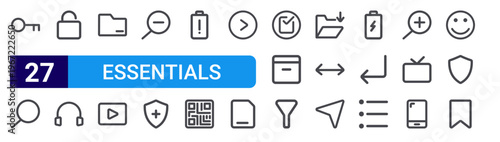 set of 27 thin line essentials icons such as secure, search, unlock, headphone, folder, movie, zoom in, protection, battery bar. editable stroke vector illustration isolated on white