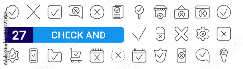 set of 27 thin line check and close icons such as check button, gear, error, handy, checkbox, folder, chat bubble, shopping, cross. editable stroke vector illustration isolated on white