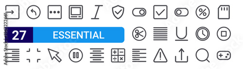 set of 27 thin line essential icons such as enter, align right, reply, size, menu, cursor, television, pause, italic. editable stroke vector illustration isolated on white