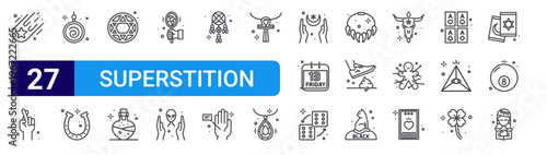 set of 27 thin line superstition icons such as star, cross fingers, hypis, horseshoe, star, potion, mirror, alien, dreamcatcher. editable stroke vector illustration isolated on white