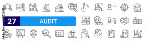 set of 27 thin line audit icons such as briefcase, auditor, data analytics, presentation, schedule, medal, as, data analytics, capitalism. editable stroke vector illustration isolated on white