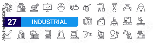set of 27 thin line industrial icons such as gears, circuit breaker, industry, storage tank, product management, storage tank, business presentation, atm, electrician. editable stroke vector