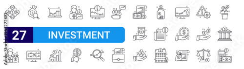 set of 27 thin line investment icons such as mutual fund, businessman, bomb, statistic, data visualization, graph bar, investor, bidding, computer. editable stroke vector illustration isolated on