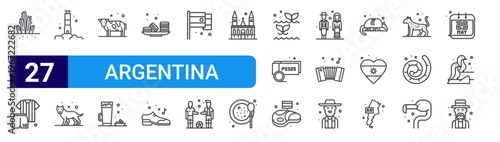 set of 27 thin line argentina icons such as cactus, soccer equipment, light tower, dog, beef, hot drink, sweet, shoes, flag. editable stroke vector illustration isolated on white