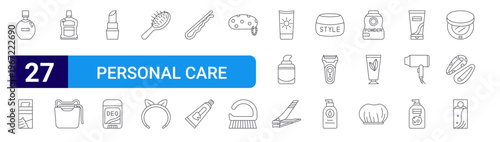 set of 27 thin line personal care products icons such as perfume, shaving cream, mouthwash, dental floss, lipstick, deodorant, hairbrush, hairband, bobby pin. editable stroke vector illustration