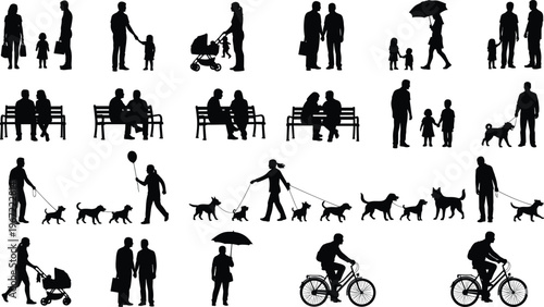 A collection of black silhouette people and animals