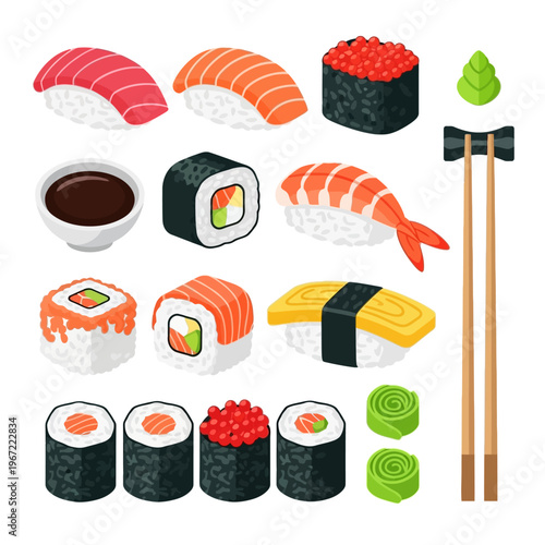 Delicious sushi collection illustration with various ingredients and wasabi