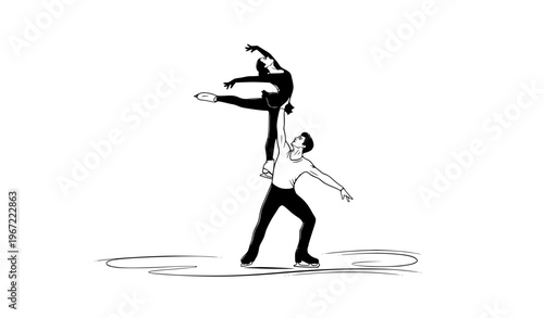Figure Skating Pair Performing Dramatic Lift Silhouette – Elegant Ice Dance Vector Illustration