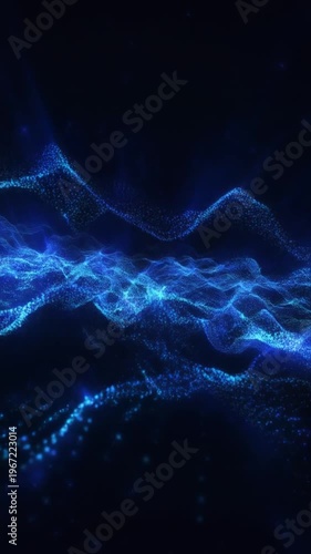 Glowing blue digital wave spreading across dark background with particles
