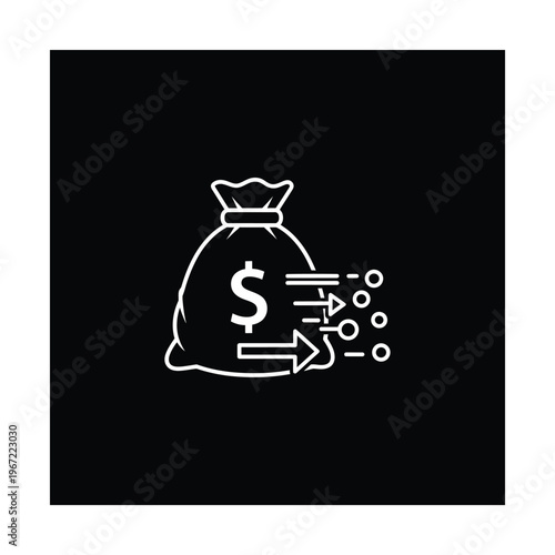 White outline icon depicting a money bag with a dollar sign and arrows indicating financial transaction or money outflow on a black background.