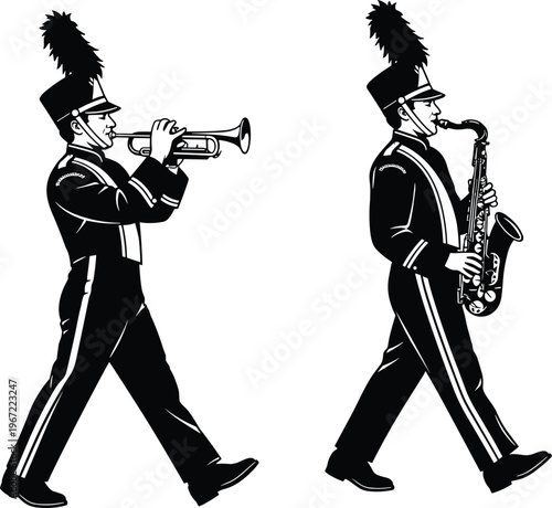 Black silhouette marching band vector set featuring trumpet and saxophone players in uniform for parade, music, and performance illustration