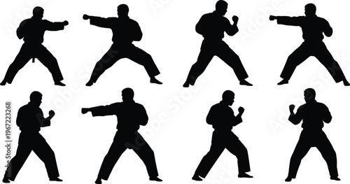 Black silhouette martial artists practicing karate and taekwondo stances, punching, guarding, combat training vector illustration design for discipline concept