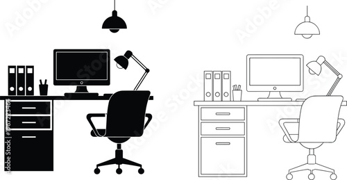 A black and white drawing of two office desks