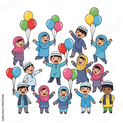 Joyful children holding balloons smiling cheerfully cartoon illustration