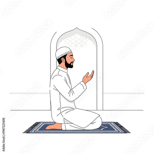 Man praying in prayer room with hands raised in worship and respect