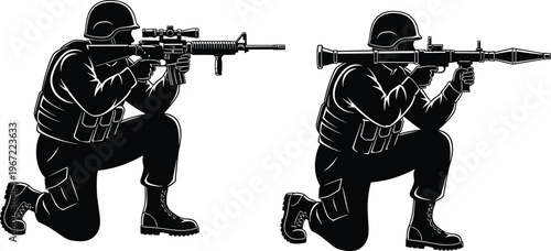 Black silhouette soldier vector set featuring kneeling figures with rifle and RPG launcher for military, combat, and tactical illustration