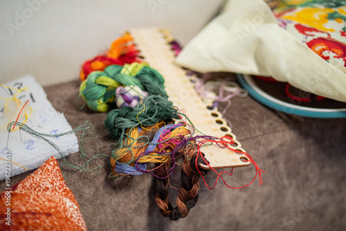 Tableau sur toile Multicolored embroidery floss on wooden thread organizer