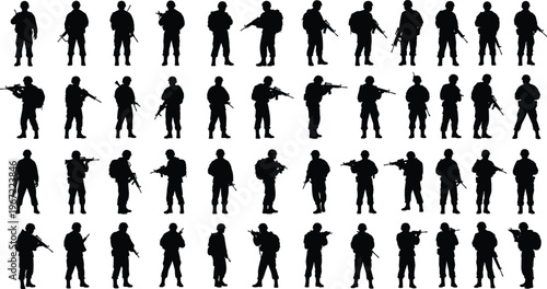 Black silhouette soldiers with firearms in various poses, military vector illustration design showing combat stances for defense, tactical, security concept