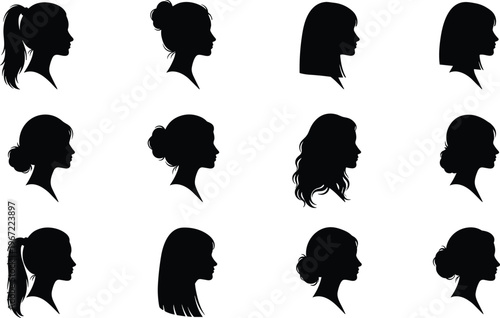 A collection of black silhouette profiles of women with different hairstyles