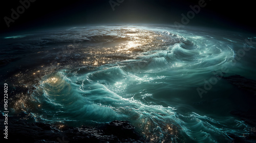 Surreal Earth Ocean Waves From Space With Night City Lights And Turquoise Swells