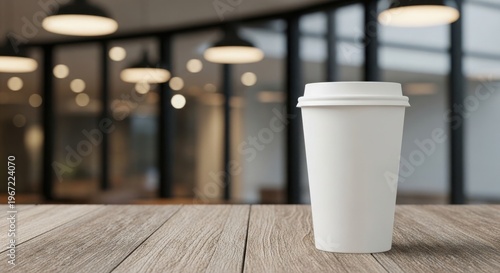white disposable coffee cup on wooden table in modern office