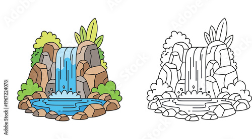 Waterfall and Nature Landscape Vector Illustration Set with Colored Version and Black and White Line Art Coloring Page for Kids Activity, Rocks, Pond and Green Plants Isolated on White