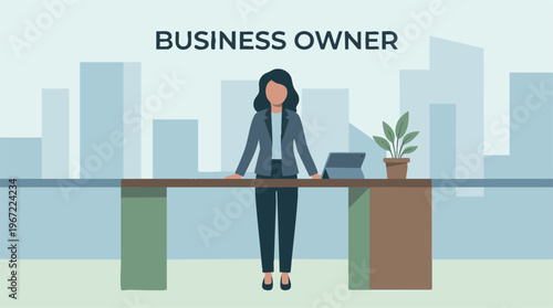 Female Business Owner Standing at Desk in Modern Office Cityscape