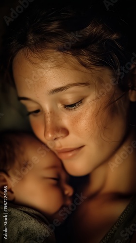 Young Mother Cradling Sleeping Newborn In Warm Low-Light Indoor Portrait