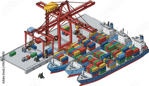 Isometric Illustration of a Modern Container Port Terminal with Cargo Ships, Gantry Cranes, and Shipping Containers for Global Logistics and Trade